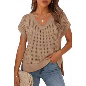 image:imageZESICA Womens Summer Sweater Vest Crochet Eyelet Cap Sleeve Cute Beach TopLight Khaki