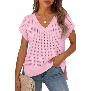 image:imageZESICA Womens Summer Sweater Vest Crochet Eyelet Cap Sleeve Cute Beach TopLight Pink