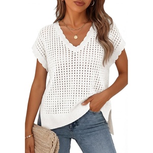 image:imageZESICA Womens Summer Sweater Vest Crochet Eyelet Cap Sleeve Cute Beach TopWhite