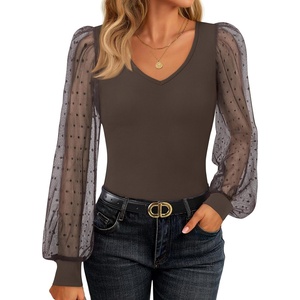 image:imageZESICA Womens V Neck Cute Sexy Long Sleeve Fall Shirt Dressy Casual TopCoffee