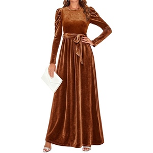 image:imageZESICA Womens Winter Velvet Long Puff Sleeve Maxi DressCaramel