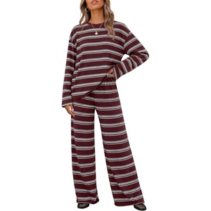 image:imageZESICA Womens 2 Piece Striped Sets Fall Lounge Matching OutfitRedwine