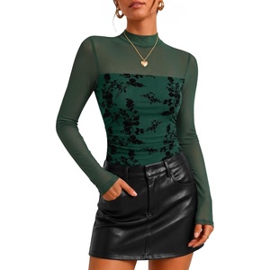 image:imageZESICA Womens Fall Long Sleeve Turtleneck Floral Sheer Mesh Ruched TopsGreen