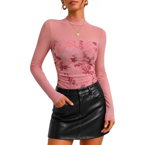 image:imageZESICA Womens Fall Long Sleeve Turtleneck Floral Sheer Mesh Ruched TopsPink