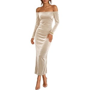 image:imageZESICA Womens Velvet Long Sleeve Off Shoulder Formal Bodycon Maxi DressChampagne