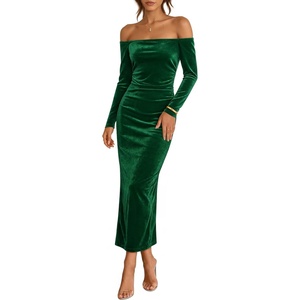 image:imageZESICA Womens Velvet Long Sleeve Off Shoulder Formal Bodycon Maxi DressGreen