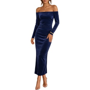 image:imageZESICA Womens Velvet Long Sleeve Off Shoulder Formal Bodycon Maxi DressNavy
