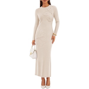image:imageZESICA Womens Fall Long Sleeve Bodycon Floral Knit Maxi Sweater DressApricot