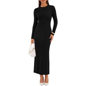 image:imageZESICA Womens Fall Long Sleeve Bodycon Floral Knit Maxi Sweater DressBlack