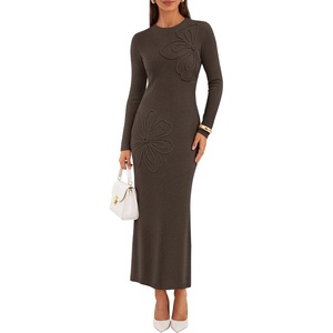 image:imageZESICA Womens Fall Long Sleeve Bodycon Floral Knit Maxi Sweater DressBrown