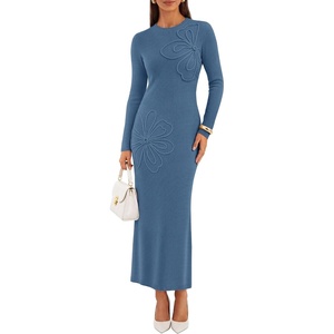 image:imageZESICA Womens Fall Long Sleeve Bodycon Floral Knit Maxi Sweater DressDusty Blue