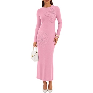 image:imageZESICA Womens Fall Long Sleeve Bodycon Floral Knit Maxi Sweater DressPink