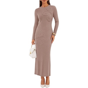 image:imageZESICA Womens Fall Long Sleeve Bodycon Floral Knit Maxi Sweater DressSand