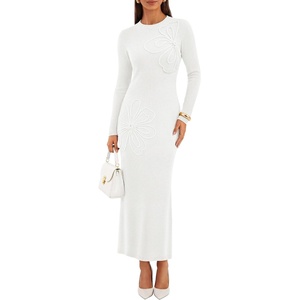 image:imageZESICA Womens Fall Long Sleeve Bodycon Floral Knit Maxi Sweater DressWhite