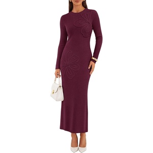 image:imageZESICA Womens Fall Long Sleeve Bodycon Floral Knit Maxi Sweater DressWine
