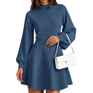 image:imageZESICA Womens Fall Mock Neck Long Lantern Sleeve Sweater Mini DressDustyblue