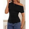 image:imageZESICA Womens Summer One Shoulder Short Sleeve Ruched Going Out TopsBlack
