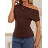 image:imageZESICA Womens Summer One Shoulder Short Sleeve Ruched Going Out TopsBrown