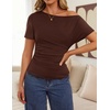 image:imageZESICA Womens Summer One Shoulder Short Sleeve Ruched Going Out TopsBrown
