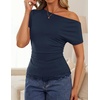 image:imageZESICA Womens Summer One Shoulder Short Sleeve Ruched Going Out TopsNavy