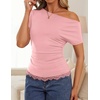 image:imageZESICA Womens Summer One Shoulder Short Sleeve Ruched Going Out TopsPink