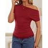 image:imageZESICA Womens Summer One Shoulder Short Sleeve Ruched Going Out TopsRed