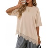 image:imageZESICA Womens Summer Oversized TShirts Asymmetrical Lace Going Out TopsSand