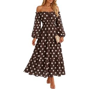 image:imageZESICA Womens 2026 Fall Long Sleeve Floral Maxi DressBrown Dot