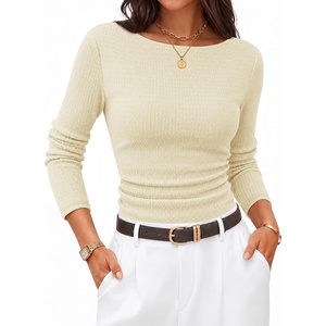 image:imageZESICA Womens Boat Neck Fall Long Sleeve Ruched Cute Going Out Work TopsApricot