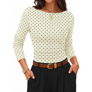 image:imageZESICA Womens Boat Neck Fall Long Sleeve Ruched Cute Going Out Work TopsApricot Polka Dot