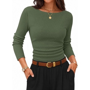 image:imageZESICA Womens Boat Neck Fall Long Sleeve Ruched Cute Going Out Work TopsArmy Green