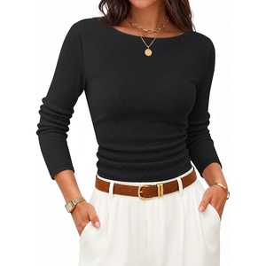 image:imageZESICA Womens Boat Neck Fall Long Sleeve Ruched Cute Going Out Work TopsBlack