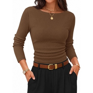 image:imageZESICA Womens Boat Neck Fall Long Sleeve Ruched Cute Going Out Work TopsBrown