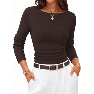 image:imageZESICA Womens Boat Neck Fall Long Sleeve Ruched Cute Going Out Work TopsCoffee Brown