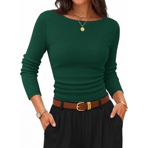 image:imageZESICA Womens Boat Neck Fall Long Sleeve Ruched Cute Going Out Work TopsDark Forest