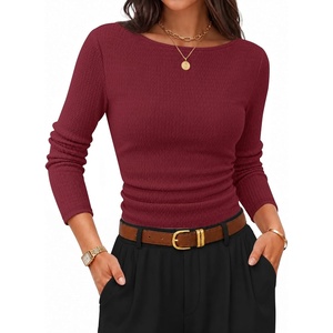 image:imageZESICA Womens Boat Neck Fall Long Sleeve Ruched Cute Going Out Work TopsWine