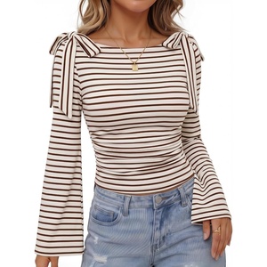 image:imageZESICA Womens Cute Tie Shoulder Going Out Y2K Tops Long Sleeve ShirtsApricot Stripe