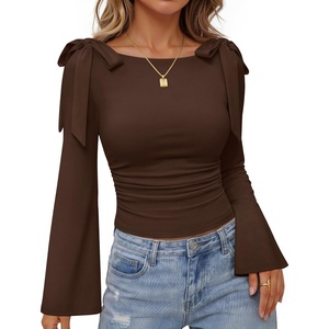 image:imageZESICA Womens Cute Tie Shoulder Going Out Y2K Tops Long Sleeve ShirtsBrown