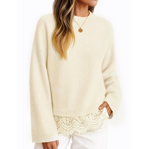image:imageZESICA Womens Fall Winter Sweaters 2026 Lace Trim Pullover TopsApricot