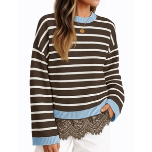image:imageZESICA Womens Fall Winter Sweaters 2026 Lace Trim Pullover TopsBrown Stripe