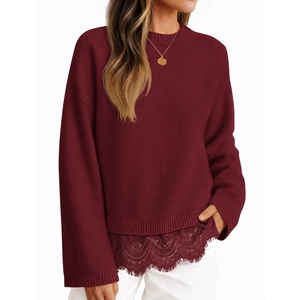 image:imageZESICA Womens Fall Winter Sweaters 2026 Lace Trim Pullover TopsBurgundy