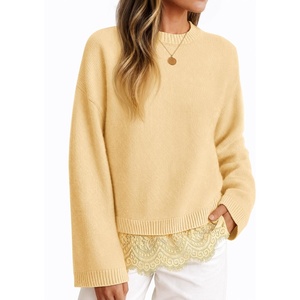 image:imageZESICA Womens Fall Winter Sweaters 2026 Lace Trim Pullover TopsLight Yellow