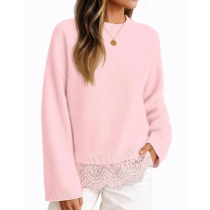 image:imageZESICA Womens Fall Winter Sweaters 2026 Lace Trim Pullover TopsPink