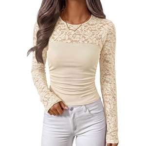 image:imageZESICA Womens Long Sleeve Floral Lace Knit Ruched Tops 2026 Fall ShirtApricot