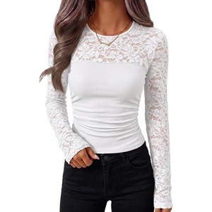 image:imageZESICA Womens Long Sleeve Floral Lace Knit Ruched Tops 2026 Fall ShirtWhite