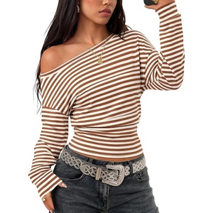 image:imageZESICA Womens Off Shoulder Long Sleeve Cinched Waist Going Out TopsBrown