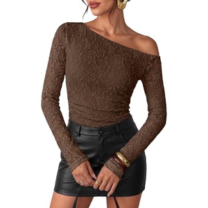 image:imageZESICA Womens Off Shoulder Long Sleeve Lace Going Out TopsCoffee