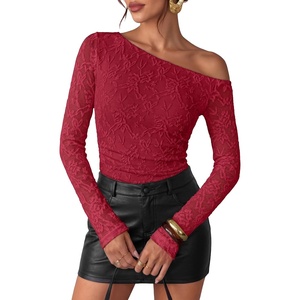 image:imageZESICA Womens Off Shoulder Long Sleeve Lace Going Out TopsRed