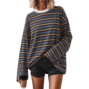 image:imageZESICA Womens Striped Oversized Fall Long Sleeve TShirts Y2K Going Out TopDark Brown