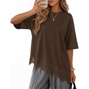 image:imageZESICA Womens Summer Oversized TShirts Asymmetrical Lace Going Out TopsBrown